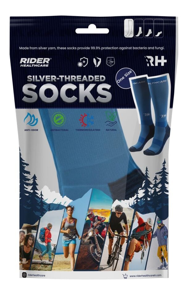 Rider Healthcare ProRide Gümüş İplikli+Havlu Uzun Çorap Mavi Beyaz Women