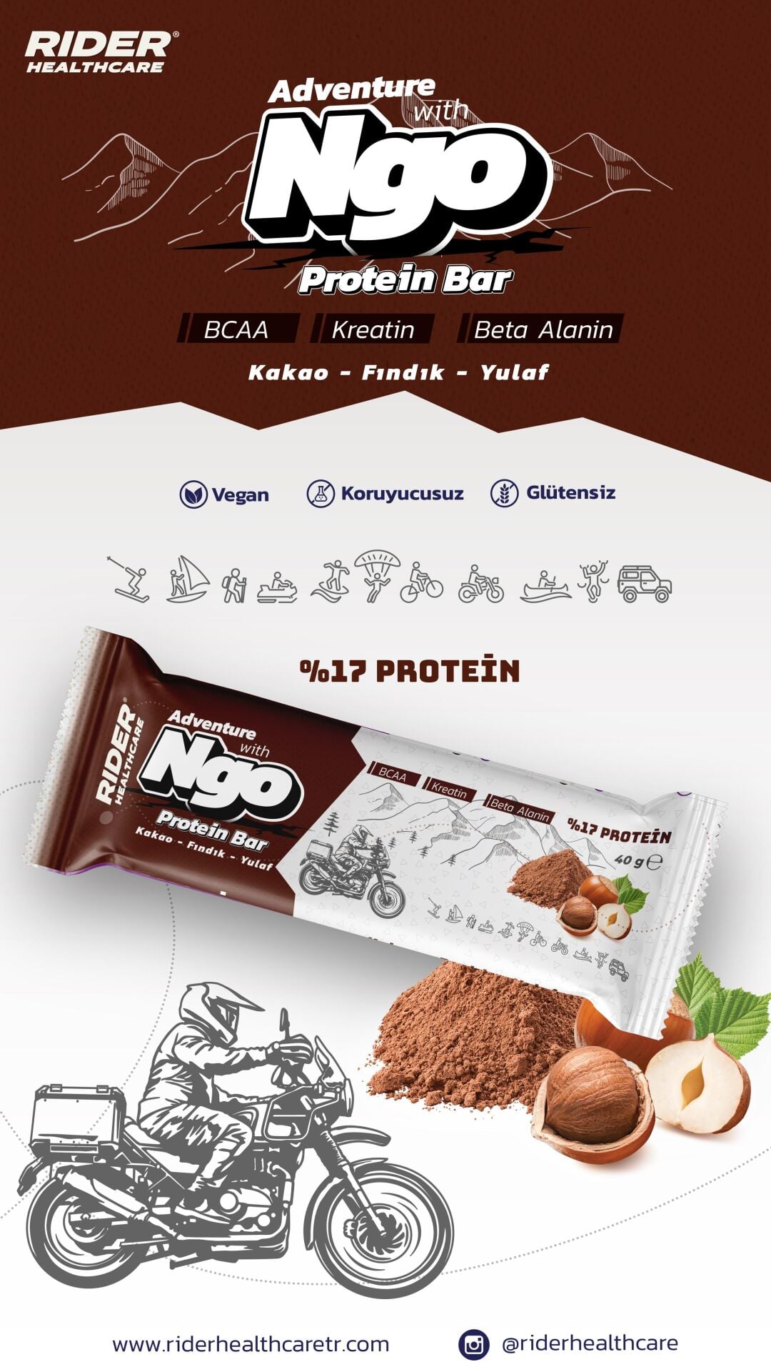 Rider Healthcare NGO Protein Bar ( Kakao - Fındık - Yulaf )