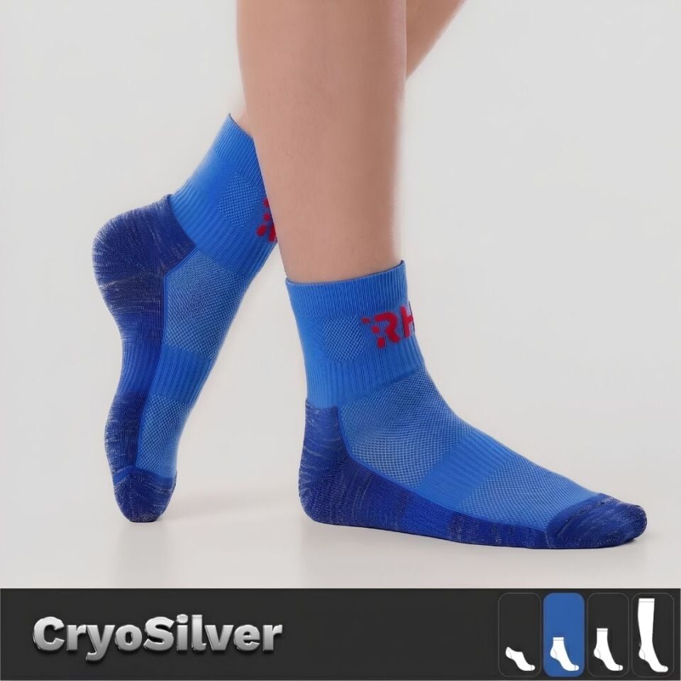 Cryo Silver + Havlu Taban Kısa Gümüş İplikli Çorap — Mavi/Beyaz