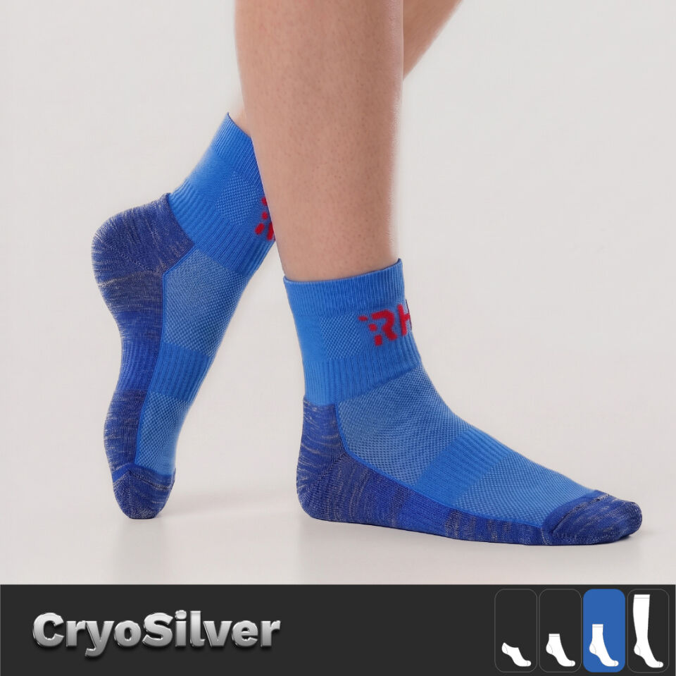 Cryo Silver + Havlu Taban Kısa Gümüş İplikli Çorap — Mavi/Beyaz