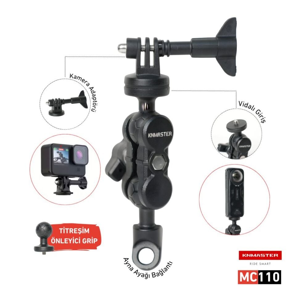 KNMASTER MC110 – 360° Adjustable Motorcycle Mirror Mount Action Camera Holder
